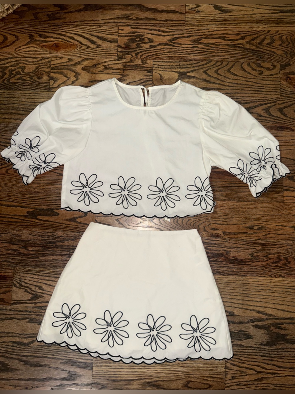 Altar'd State White Two-Piece Floral Trim Blouse & Skirt